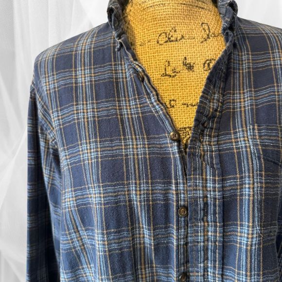 Blue/White/Yellow Accents - Vintage Flannel Shirt - Button Down w/ Collar - L - Picture 5 of 6